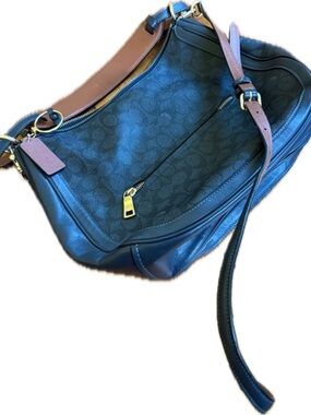 Coach Black Signature Canvas Shoulder Bag with Brown Leather Trim